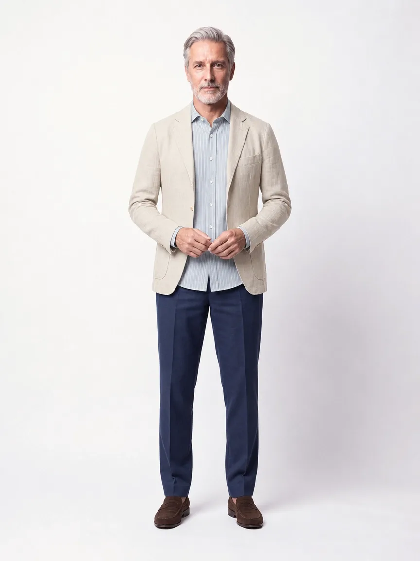 Edoardo, look casual in lino, veduta frontale