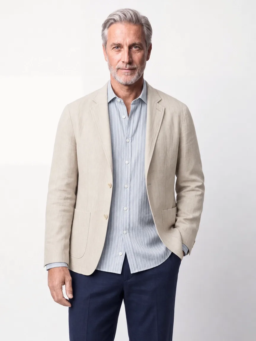 Edoardo, look casual in lino, primo piano