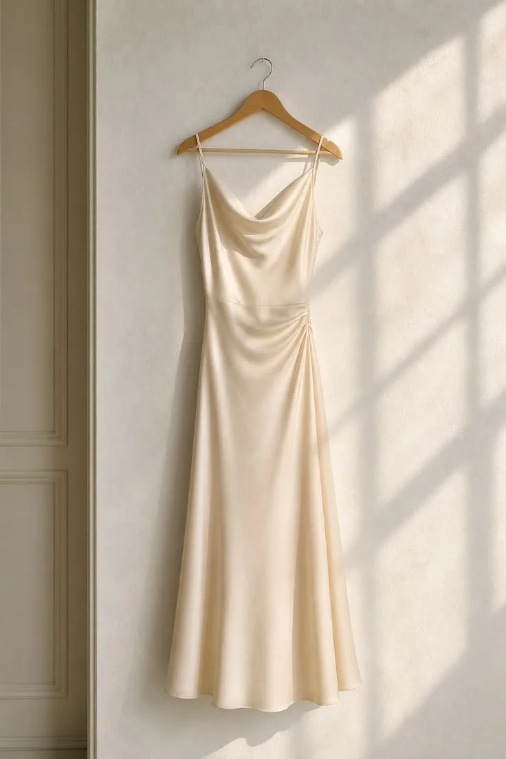 Foto di prodotto dello slip dress in seta avorio, appeso